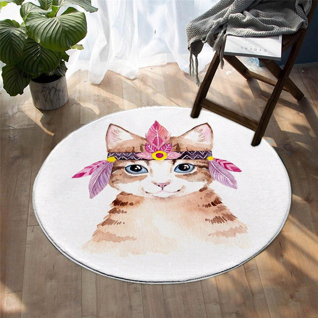 Rond vloerkleed kat met verenkroon
