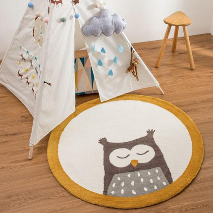 Rond vloerkleed slapende uil kinderkamer