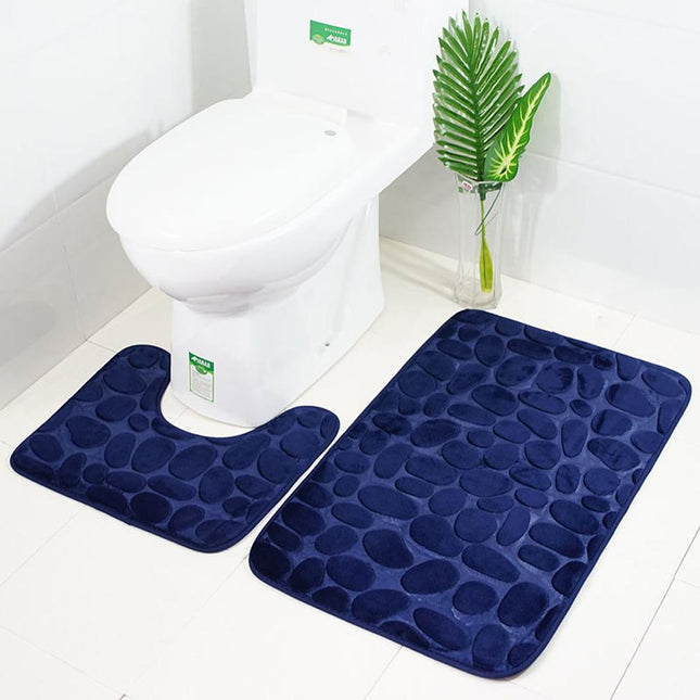 Donkerblauwe badmat en toiletmat set
