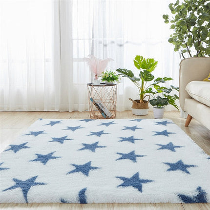 Blauw wit shaggy vloerkleed met sterren