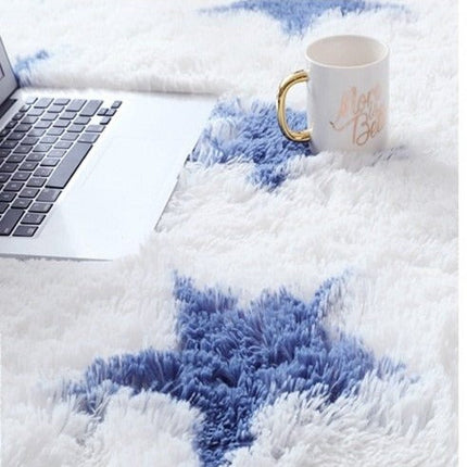 Blauw wit shaggy vloerkleed met sterren