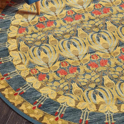 Rond vloerkleed mosterdgeel met bloemen