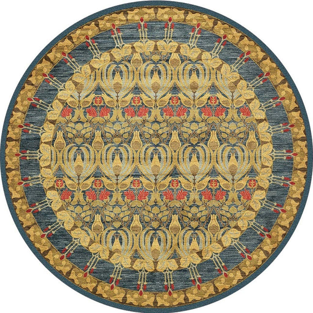 Rond vloerkleed mosterdgeel met bloemen