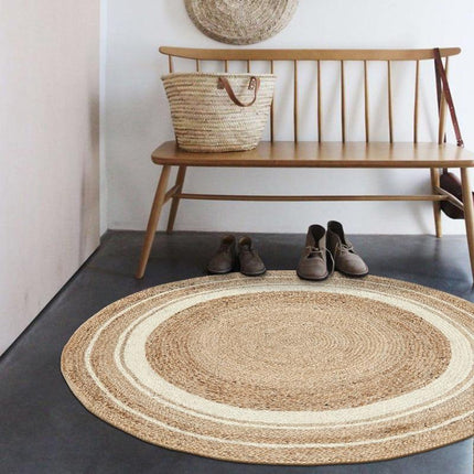 Rond jute vloerkleed met witte strepen