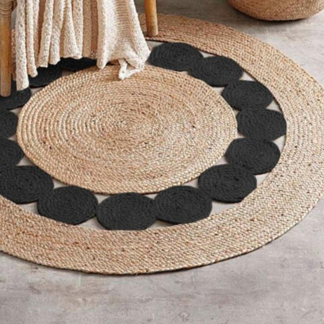 Rond vloerkleed van jute en zwart