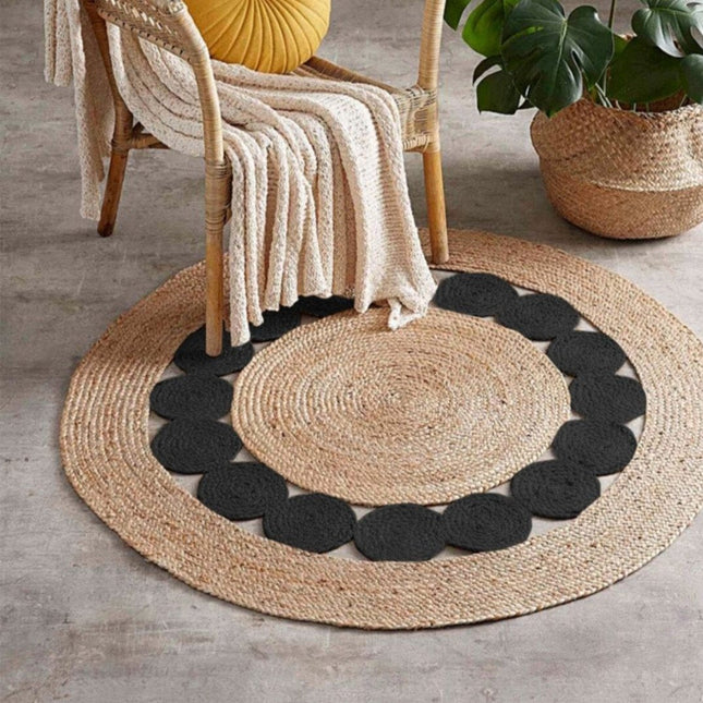Rond vloerkleed van jute en zwart