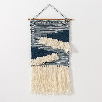 Geweven wandkleed in donkerblauw en wit