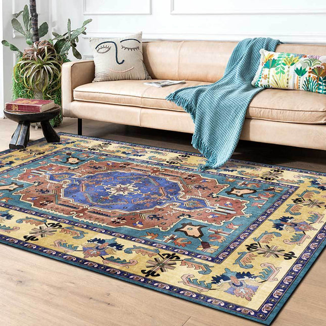 Geel Perzisch vloerkleed met blauw