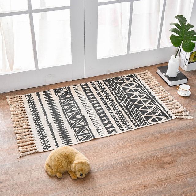 Geweven bohemien vloerkleed zwart-wit
